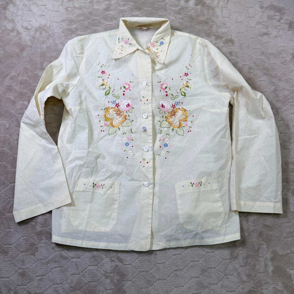 VTG 60s Daffodil Embroidered Top Women's Md Floral Long Sleeve Blouse Shirt